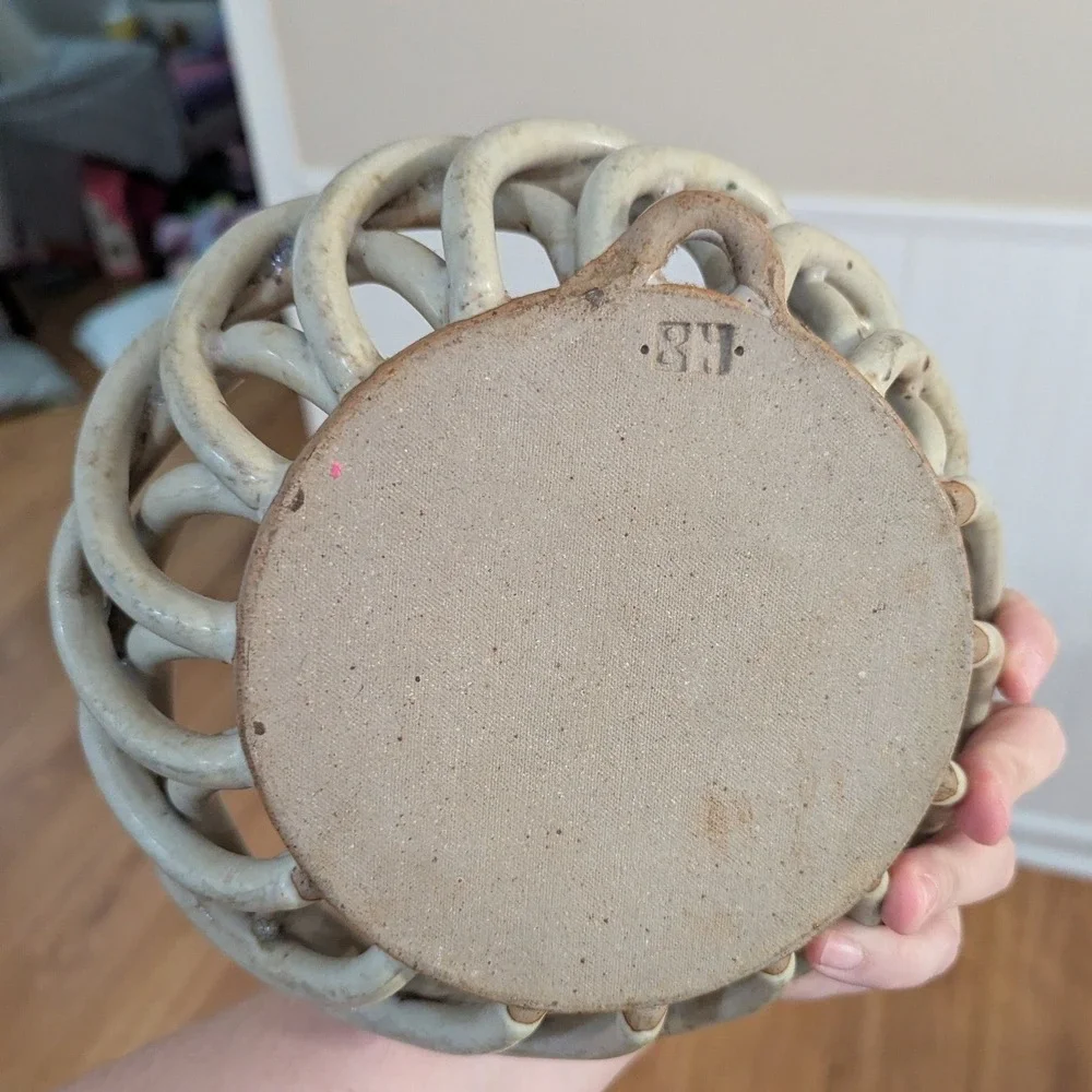 Studio Pottery Woven Lattice Basket Bowl Tan Blue Glaze Braided Ceramic 9 inch